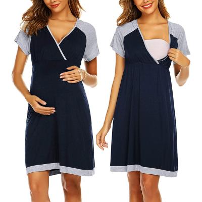 China IHSM65 Breathable Simple V-neck Short Sleeve Stitching Color Blocking Nursing Clothing Maternity Dress for sale