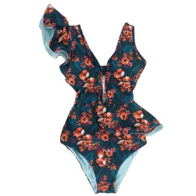 China IHJ2561 Hot Sale Women's Breathable Swimwear and Beach Wear One-Shoulder Ruffle Print One-Piece Swimsuit for sale