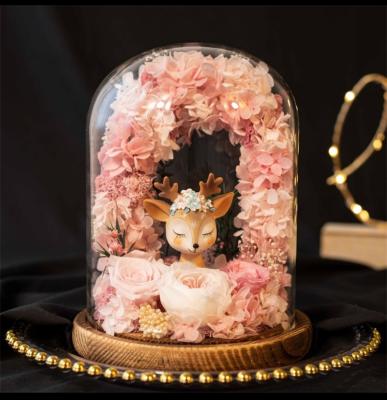 China Hot Selling Home Decoration Everlasting Preserved Everlasting Rose Hydrangea And Deer In Glass Dome - Mothers Day Birthday Christmas For Gifts for sale