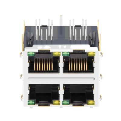 China PBT UL94V-0 Double Layer 2*2 Shielded PCB Rj45 Female Connector With Double Light for sale