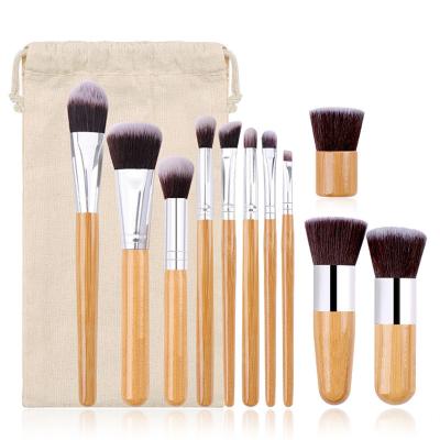 China Angular Blush 11 Pcs Eco-Friendly Vegan Makeup Bamboo Wooden Set Brush With Cotton Bags Soft Bristle for sale