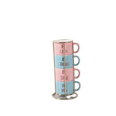 China Sustainable Reasonable Price Iced Cup Classic Coffee 4 Pcs Set Pink And Blue With Holder 2 Oz Coffee Mug Tea Cup for sale