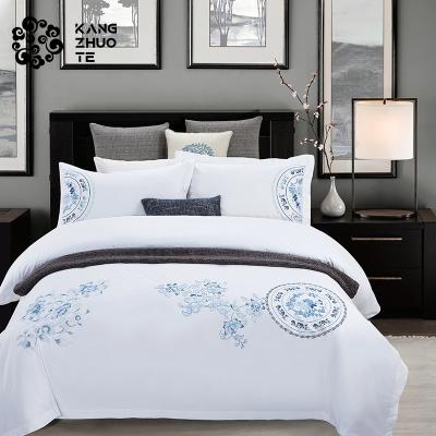 China Large Simple And Atmospheric Non-Toxic Blue Embroidered Satin Fabric Bedding Set for sale