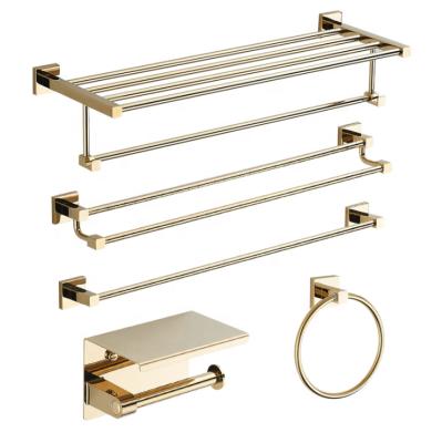 China Wall Mounted Type European Style Gold Set Punch Free Bathroom Hardware Copper Bath Towel Rack Bathroom Hardware Hanger for sale