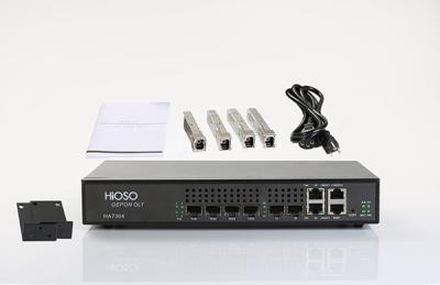 China Volledige Gigabit 4 Pon-poorten HiOSO EPON OLT Optische lijn Terminal FTTH 2 SFP 2TP Pizzadoos Te koop