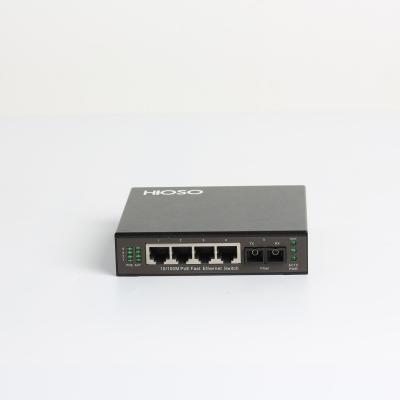 China Hioso 5 Ports Poe Switch 4 10/100M RJ45 + 1 1000M FX Fiber Uplink  Mini Poe Switch for sale