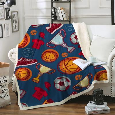 China Anti-Pull Yutong Football And Basketball Pattern Printed Colorful Sherpa Bedspread Velvet Plush Beds Blanket 150X200Cm for sale