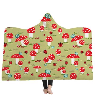 China Super Soft Mushroom Pattern Amanita Anti-pilling Hooded Blanket For Adults Microfiber Sherpa Fleece Style 3D Wearable Throw Blanket for sale