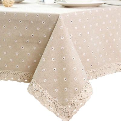 China Waterproof Daisy Flower Macrame Peep Lace Dust Proof Table Cover Cotton Linen Tablecloth for Kitchen Dining Bar Table Decoration for sale