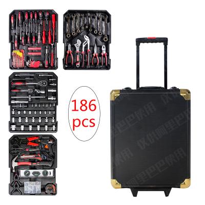 China Household Repair Tools Multifunctional 186pcs Tool Kit With Telescopic Tools Mechanics Ratchet Wrench Box Aluminum Trolley for sale