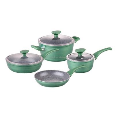 China Sustainable Forged Aluminum Cookware Set With Non Heat Resistant Granite Rock Stone Stick Frying Pan Set And Soup Pot With Sauce Pan for sale