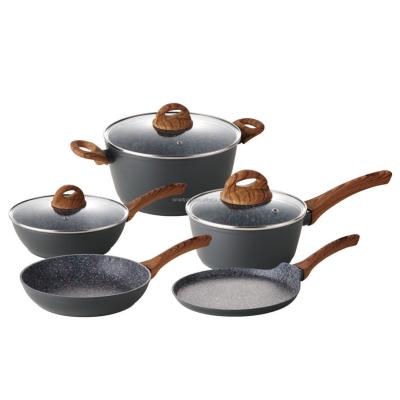 China Sustainable forged aluminum cookware set with granite marble stone non stick pan set and soup pot with dutch oven, wok, pizza pan for sale