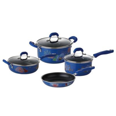 China Sustainable Flower Pans Cookware Set With Non Stick Frying Pan And Soup Pot Set With Fashion Home Kitchen for sale