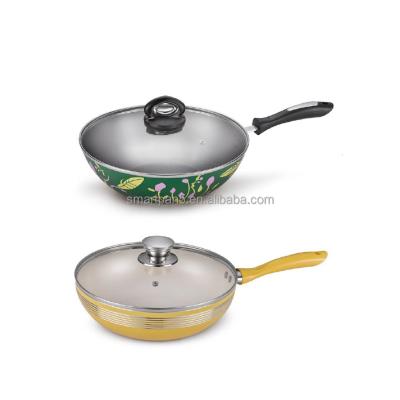 China 32cm Sustainable Wok With Painting For Home Cooking Non Stick Frying And Soup Pot With Glass Lid for sale