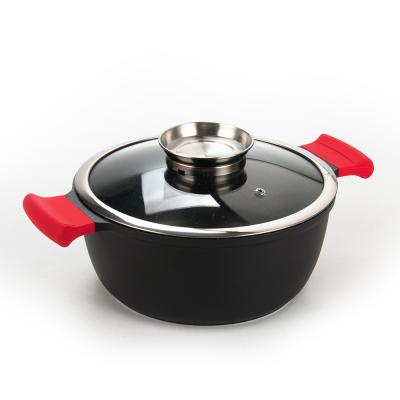 China High Quality Red Binaural Handle Metal Silicone Kitchen Stocked Aluminum Cooking Pots With Glass Lid for sale