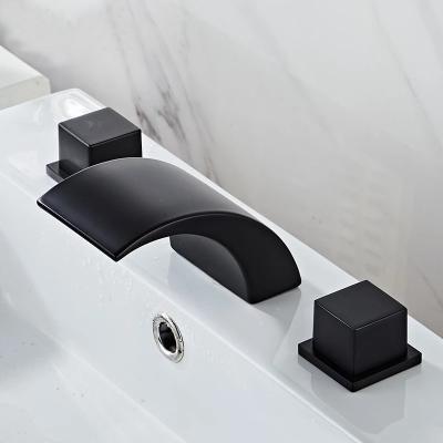 China Metered Faucets Black Bathroom Sink Faucet 3 Hole Basin Waterfall Faucet Hot And Cold Water Bathtub Split Lavatory Mixer Taps Three Piece Set for sale