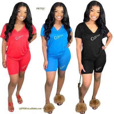 China Private Label Custom Deep V Cotton Casual Plus Size T-Shirt Sports Teams Biker Shorts Two Piece Set for sale