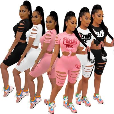 China Pink Breathable Women Clothing Ripped Tracksuits T-shirt Shorts Hole Single Casual 2 Piece Sets Short Sleeve Pullover Crewneck Outfits for sale