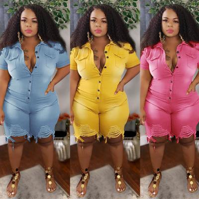 China QUICK DRY Broken Button Summer Women Solid Color Hole Denim Shot Sleeve Overalls Plus Size 5XL High Quality Casual Jeans Overalls Romper for sale