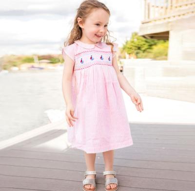 China 2021 Summer Girls Peter Pan Collar Woven Striped Kids Breathable Smocked Dress for sale