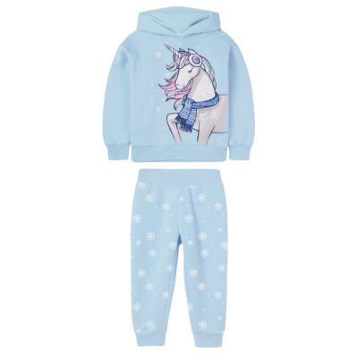 China Cartoon Unicorn Pattern Sky Blue Cotton Kids Girls 2pcs Casual Dress Set for sale