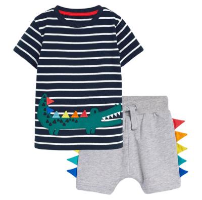 China Casual Cute Kids Boy's Cotton Stripe Crocodile Fabric 2pcs Short Sleeve Clothing Set for sale