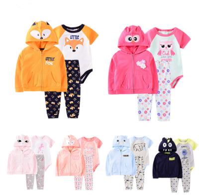 China Quality Cotton Fabric Anti-Shrink Hooded Jacket Romper Pants Toddler 3pcs Clothing Set for sale