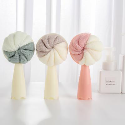 China EXFOLIATE Body Massage Shower Ball Sponge With Plastic Handle Soft Material Mesh Pouf Flower Sponge Bath Ball for sale