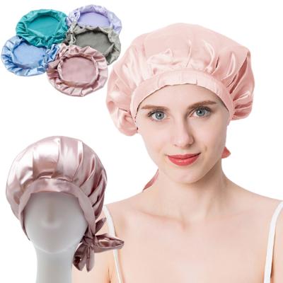 China European and American Seamless Silk Nightcap Hair Style Custom Logo Ladies Household Hair Hood Adjustable Lace Up Sleep Satin Hood for sale