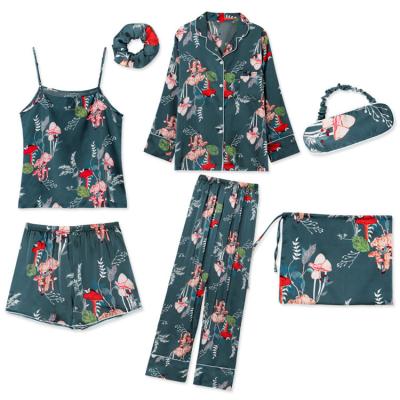 China QUICK DRY free shipping flower printing satin 7pcs/set pajamas for women/girls cute silk satin pj set wholesale silk nightgown wear for sale