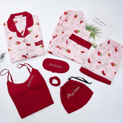 China Free shipping QUICK DRY silk-cotton 7pcs/set comfortable pajamas for women/girls fashion nightgowns squishy cherry printing pj set nightgown for sale