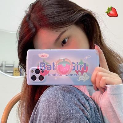 China Anti-fall Baby girl English letters with strawberry glass holder anti-fall mobile phone case suitable for iPhone12 mobile phone case for sale