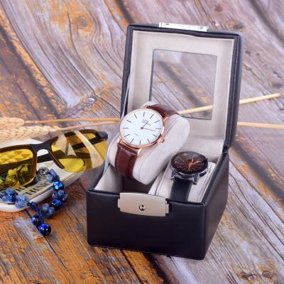 China Handmade Unique Customized Black Leather Watch Box Men Watch Display Case Packaging Box for sale