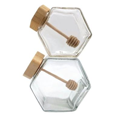 China 220ml 300g Honey Storage Jam Jars With Glass Wooden Lid Hexagon Shape Clear Empty Recyclable Food Grade Eco-friendly for sale