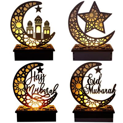 China Customized Retro Wooden Craft Eid Mubarak Party Ornaments Home Table Decoration With Led String Light for sale