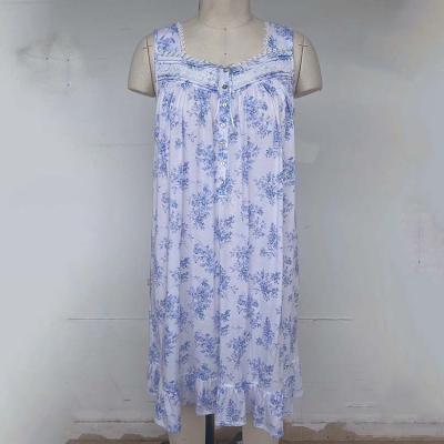 China Summer QUICK DRY Sleeveless White Blue Flower Print Cotton Pajama Floral Sleepwear Modal Dress for sale