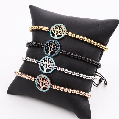 China Hot Selling Trendy Design Cute Pave CZ Life Tree Spiritual Energy To Charm Adjustable Stainless Steel Beads Macrame Bracelet For Women for sale