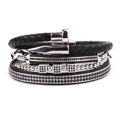 China New Design CZ Diamond Bangle Charm High Quality FASHIONABLE Stainless Steel Leather Macrame Bracelet Gift Men Macrame Bracelet Set for sale