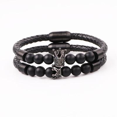 China CLASSIC High Quality Magnet Clasp Stainless Steel Bead Lava Gemstone Crown Charm Crown CZ Genuine Leather Bracelet For Women Men for sale