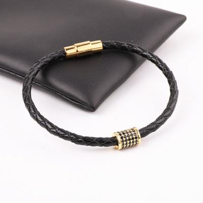 China CLASSIC High Quality CZ Pave Tube Stainless Steel Magnet Clasp Genuine Thin Real Leather Bracelet For Women Men for sale