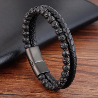 China Lava Stone Matte Stainless Steel Gemstone Bracelet Clasp Genuine Leather High Quality Natural Leather Bracelets CLASSIC Geometric Wrap for sale