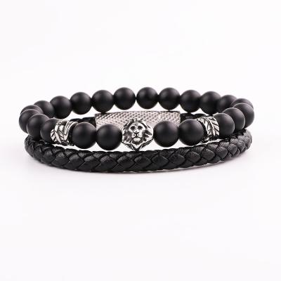 China CLASSIC High Quality Men's Natural Stainless Steel Lion Leaf Feather Charm Genuine Stone Vintage Bracelet Leather Bangle Bracelet Set Men for sale