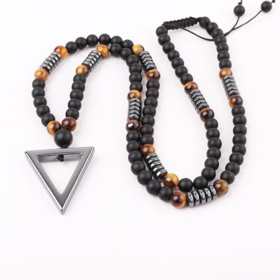 China New Design Stone Men's Pendant Necklace Matte Onyx Brown Tiger Eye High Quality Natural Hematite Religious Triangle for sale