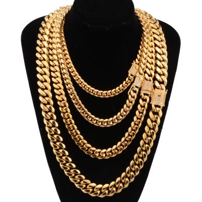 China High Quality Exaggerated Stainless Steel Miami Gold Plated Vintage Cuban Link Chain Heavy Men's Hip Hop Necklace Bracelet Set for sale