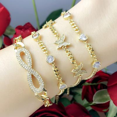 China CLASSIC New Product Jewelry18K CZ Diamond Brass Butterfly Heart Infinite Charm Gold Plated Adjustable Chain Bracelet For Women for sale