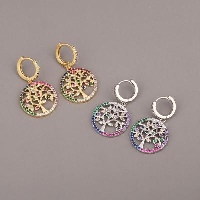 China CLASSIC Fashion Gold Plated Zircon Pave Diamond Life Tree Pendant Women Circle Earrings for sale