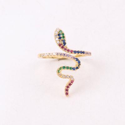 China CLASSIC Jewelry 18K Gold Plated Rainbow CZ Brass Simple Design Pave Open Snake Ring Women Adjustable for sale