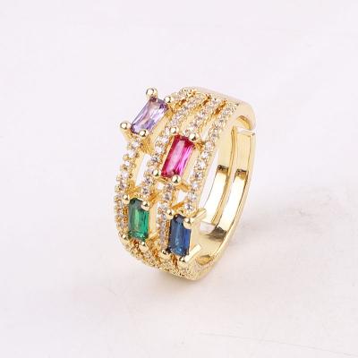 China Hot Selling 18K Gold Plated Brass CZ Colorful Jewelry CLASSIC Pave Open Square Ring Women Adjustable for sale