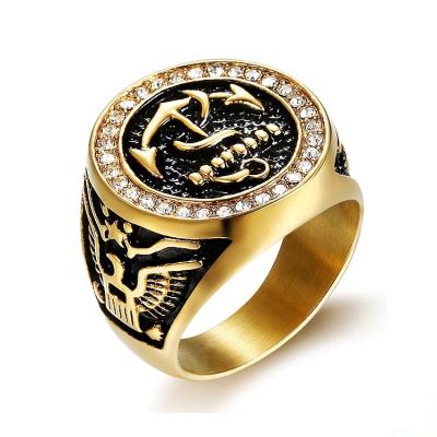 China High Quality Classic Vintage 316L Stainless Steel Gold Rhinestone Punk Titanium Anchor Ring For Men for sale