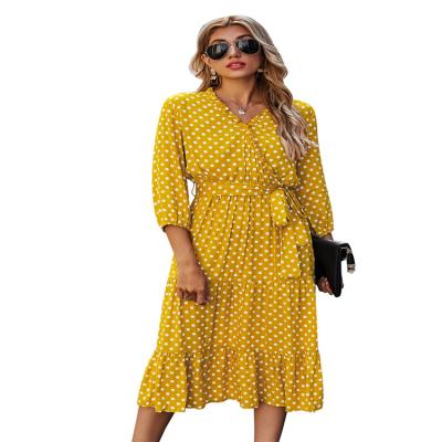 China 2020 New Style Breathable Design Long Sleeve Ruffled V-Neck Dots Chiffon Pattern Summer Sweet Dress Beach Casual Dresses For Ladies for sale